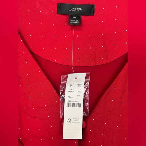 NWT J. Crew | Drapey Puff Sleeve Ruffled Red White Polka Dot Dress 14 - Picture 11 of 16